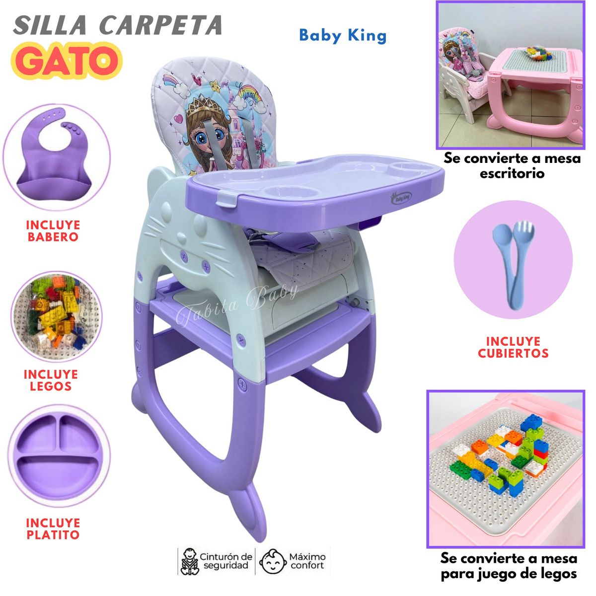 BABY KING - Silla de comer Bebe Carpeta Gato con accesorios Lila