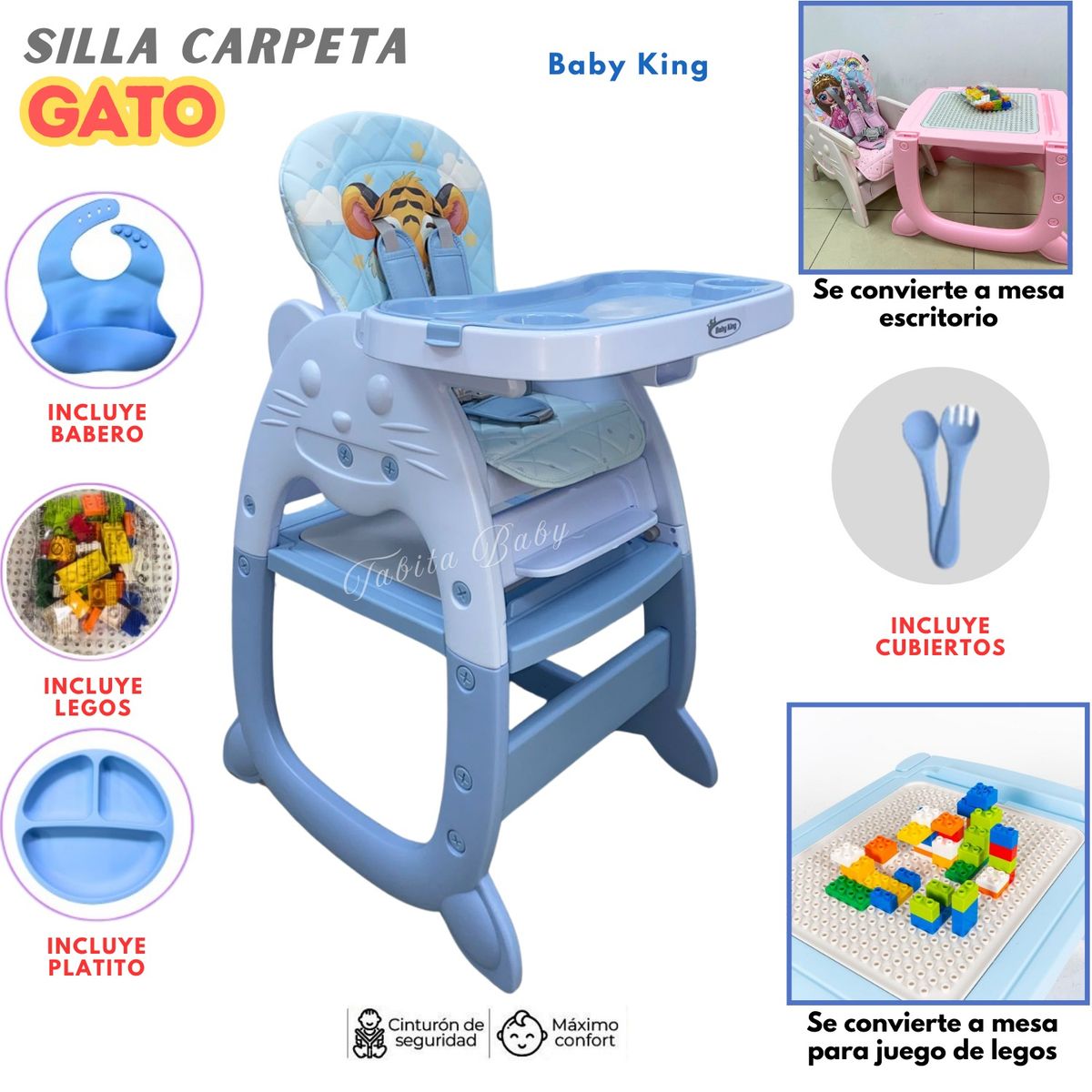 BABY KING - Silla de comer para bebe Escritorio Gato Azul 4 en 1