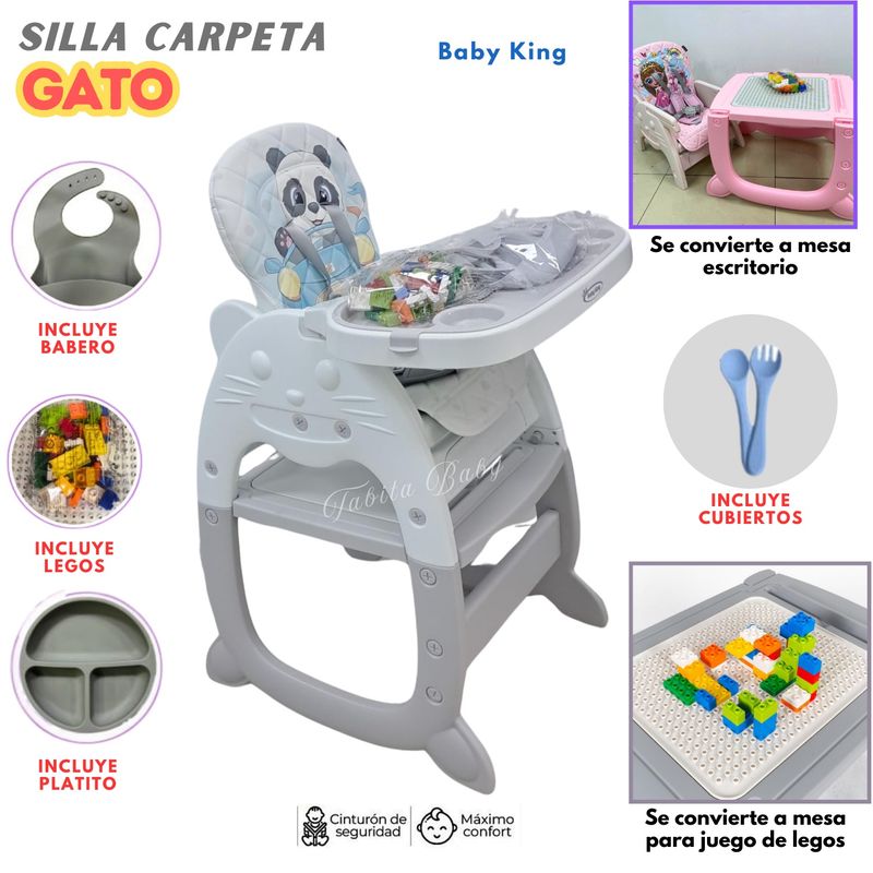 BABY KING - Silla de comer para bebe Escritorio Gato Gris 4 en 1