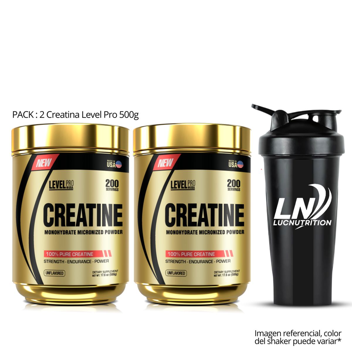 LEVEL PRO - Pack 2 Creatina Level Pro 500 g - Creatina Monohidratada y Micronizada + shaker