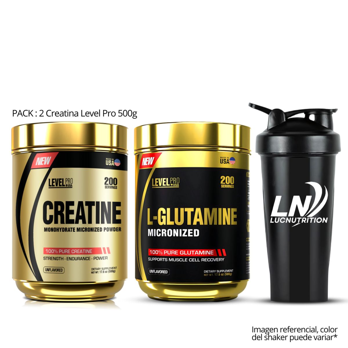 LEVEL PRO - Creatina Level Pro 500 gr + Glutamina Level Pro 500 gr + shaker