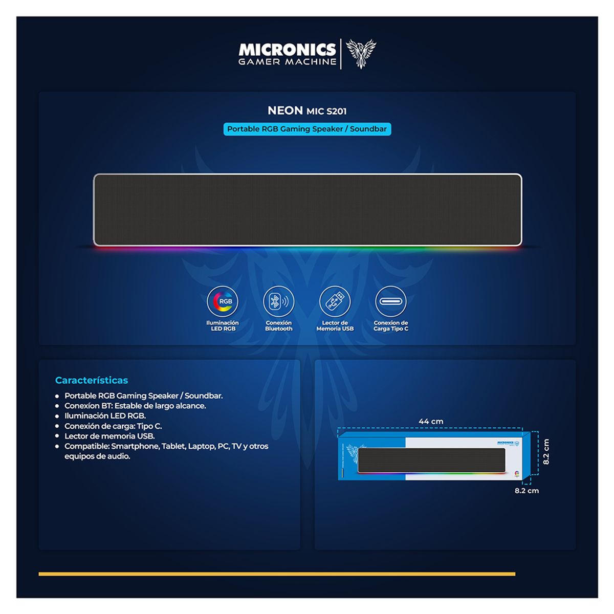 MICRONICS - PARLANTE BARRA STEREO INALAMBRICO 15W - BT USB RECARGABLE PORTATIL