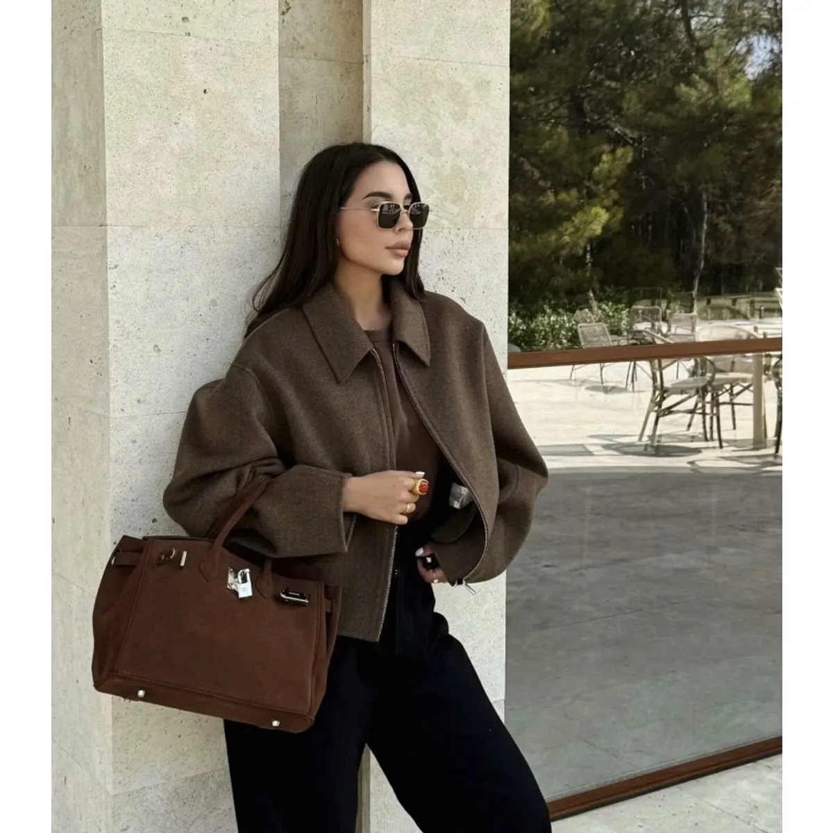 GIOIO - Abrigo Mujer Lana Oversize Cremallera Unicolor Moda