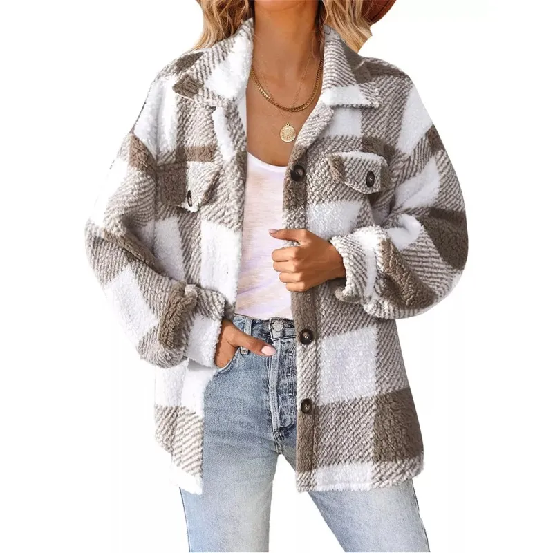 GIOIO - Chamarras Suelta A Cuadros Con Solapa Chaqueta Mujer
