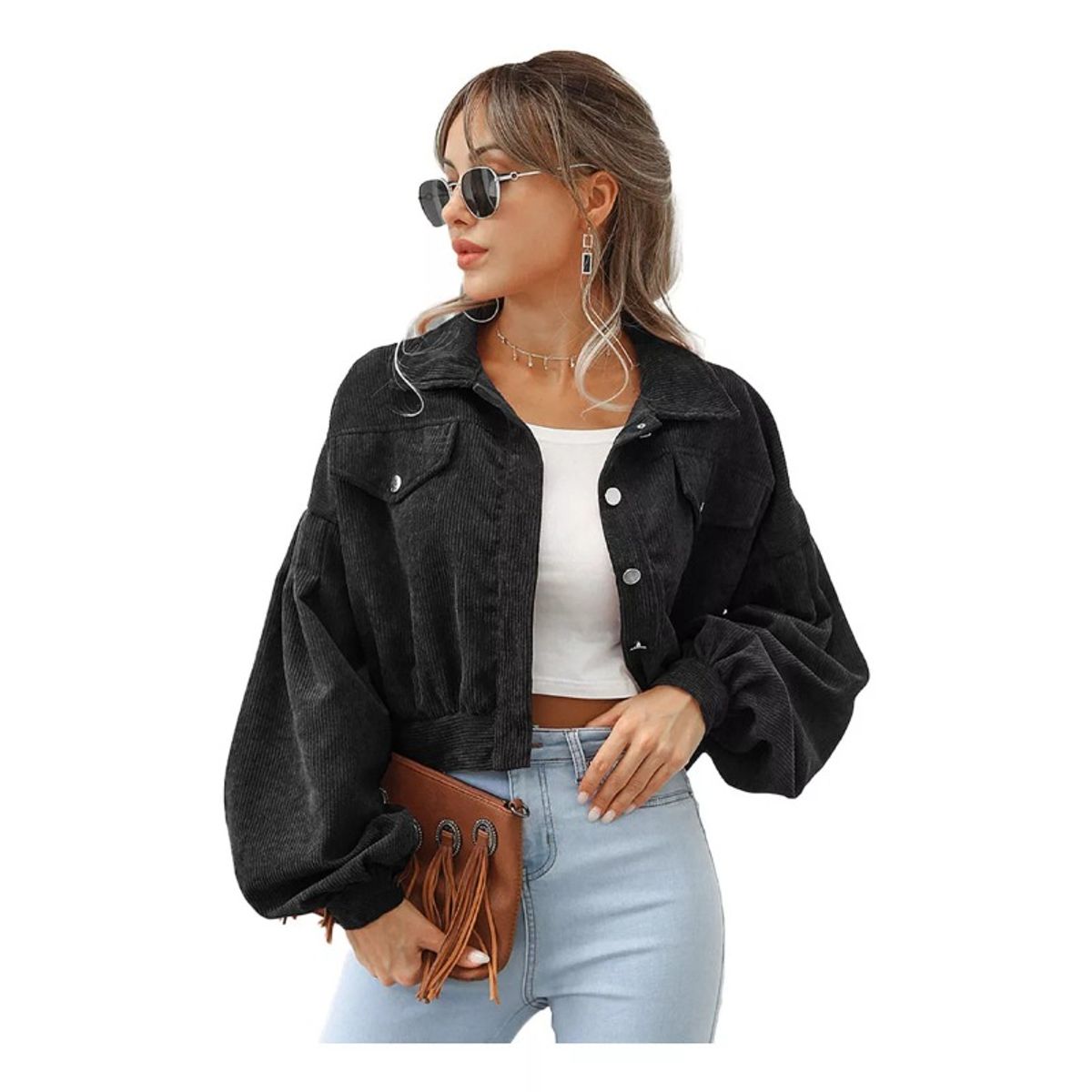 GIOIO - Chamarra Casual De Pana Con Solapa Y Manga Globo Para Mujer