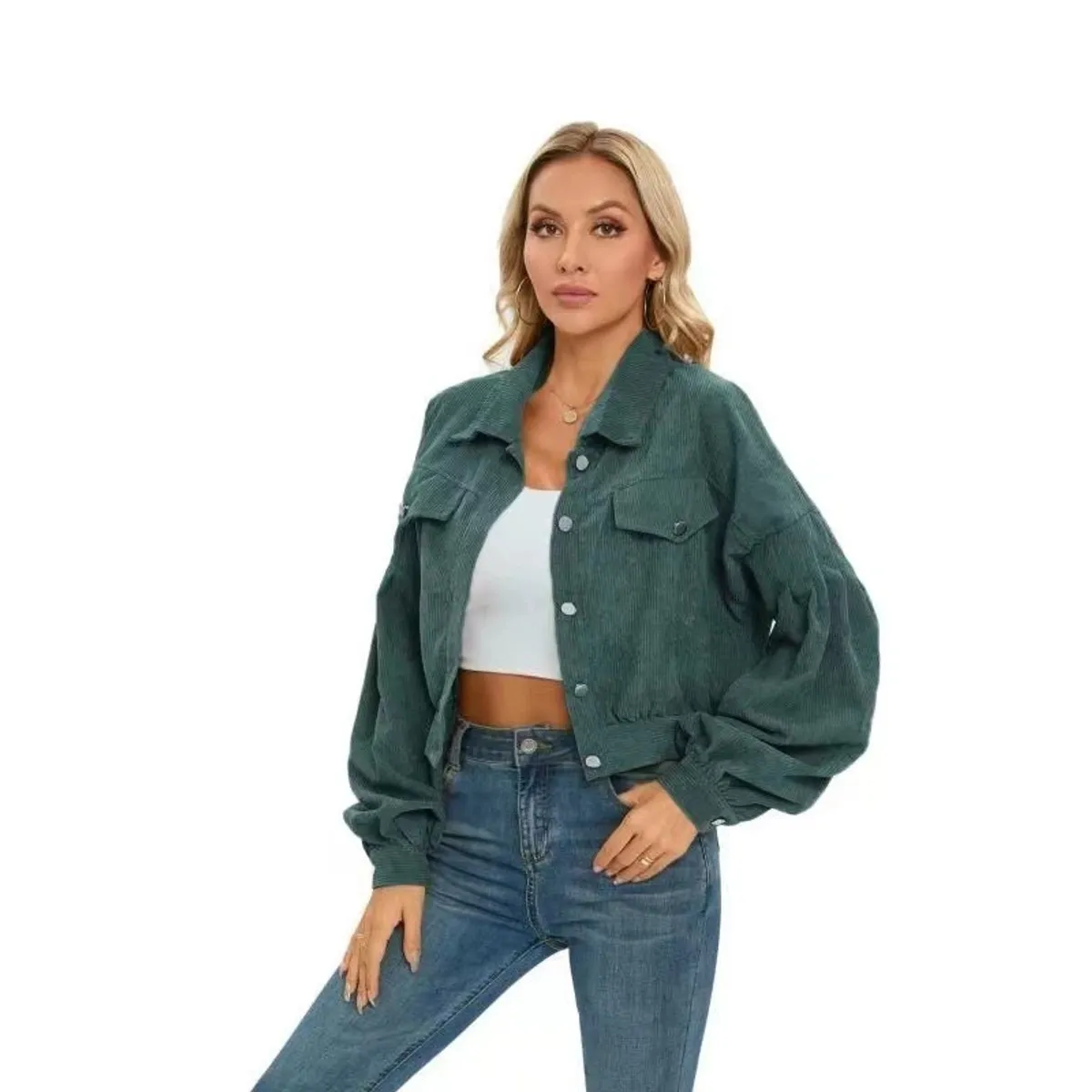 GIOIO - Chamarra Casual De Pana Con Solapa Y Manga Globo Para Mujer