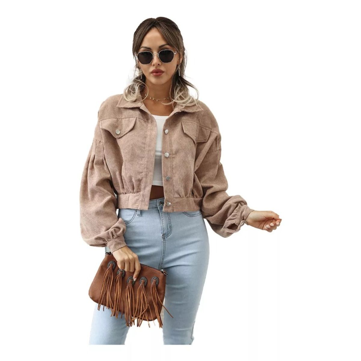 GIOIO - Chamarra Casual De Pana Con Solapa Y Manga Globo Para Mujer