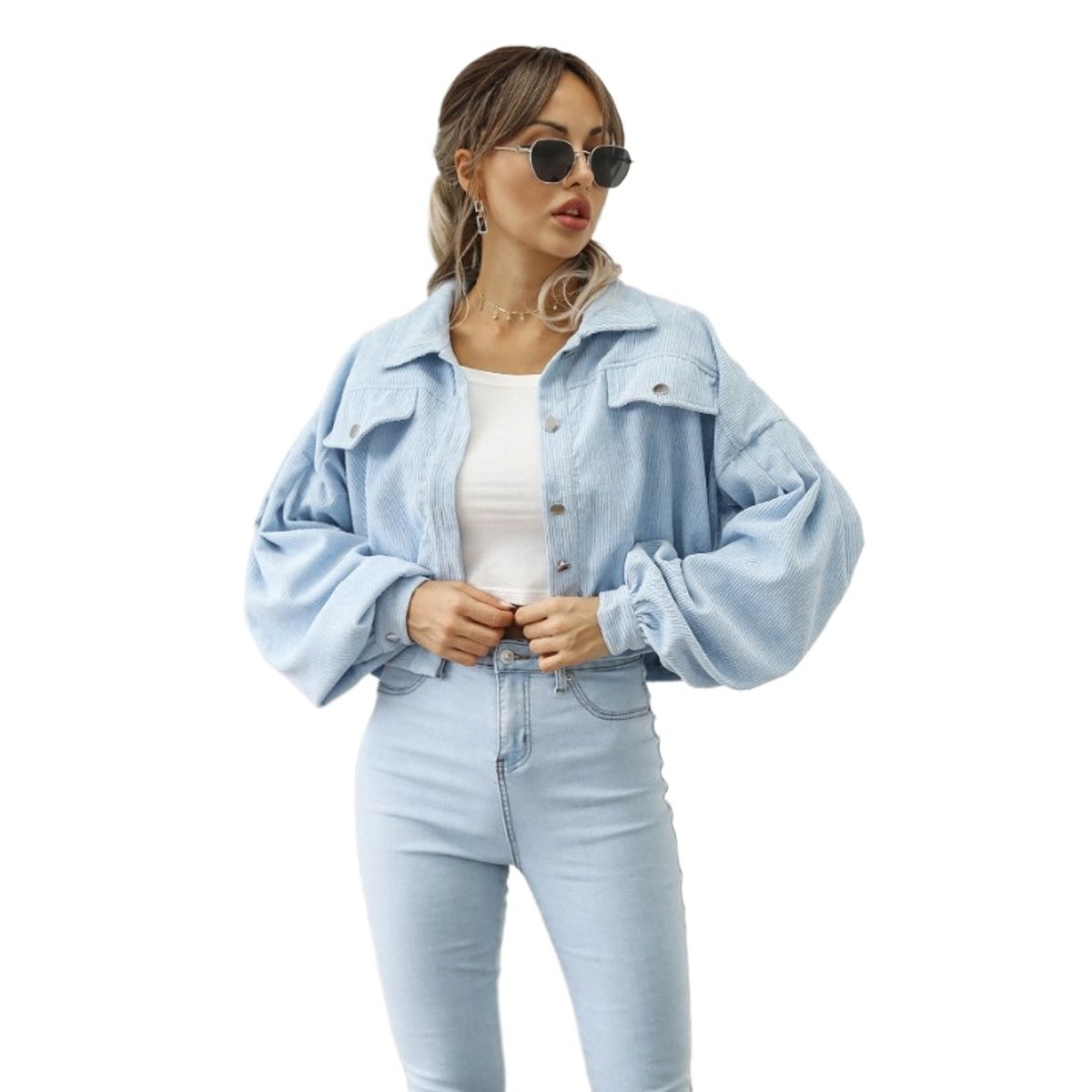 GIOIO - Chamarra Casual De Pana Con Solapa Y Manga Globo Para Mujer
