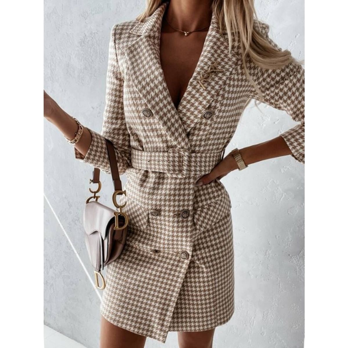 GIOIO - Chaqueta Mujer Larga Cuadros Cinturón Doble Botonadura Otoño