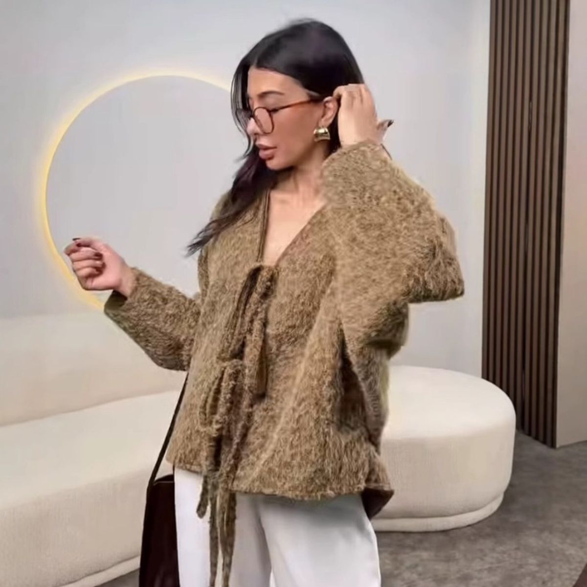 GIOIO - Chaqueta Mujer Cuello V Lazada Tejido Suelto Invierno