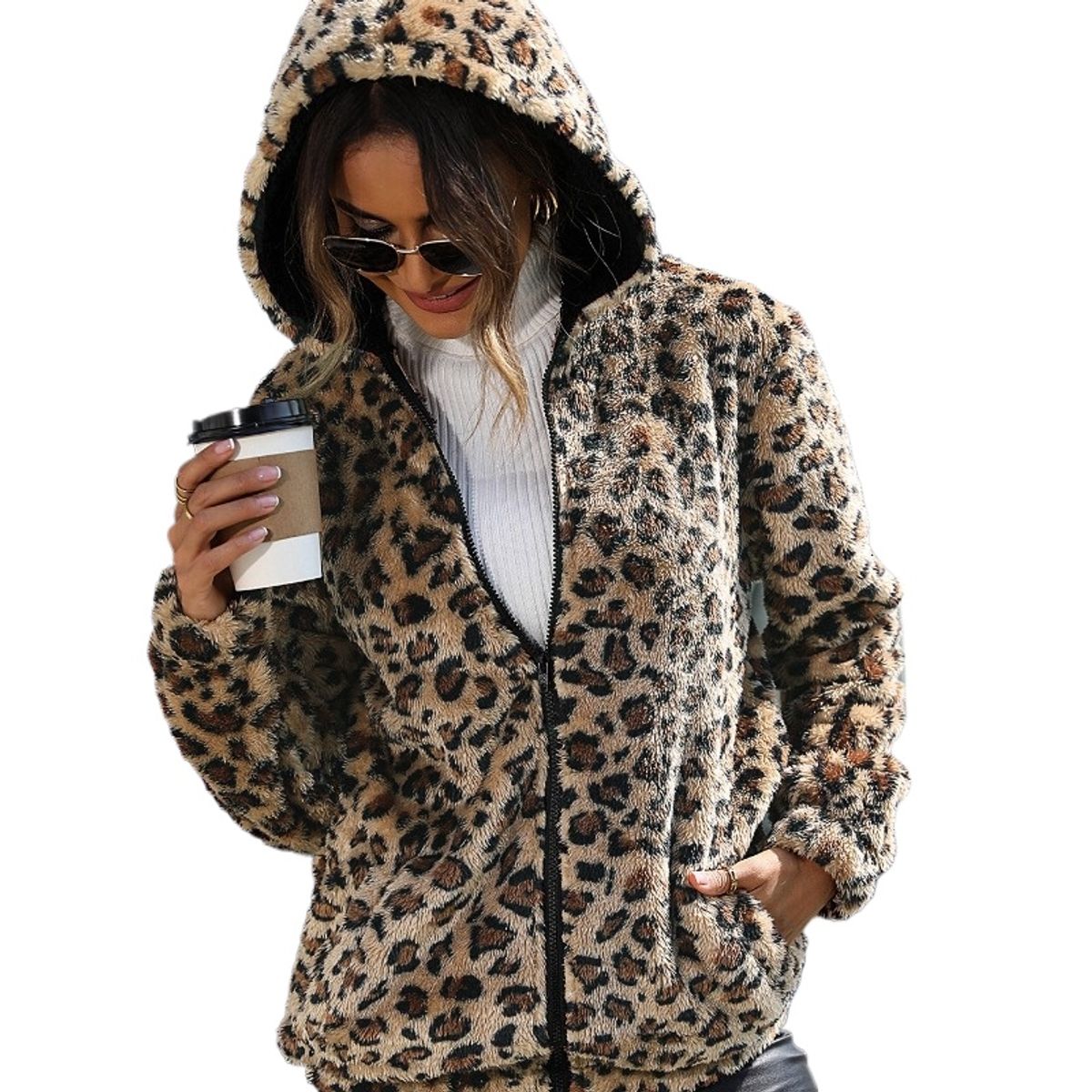 GIOIO - Abrigo Mujer Leopardo Capucha Peluche Holgado Invierno