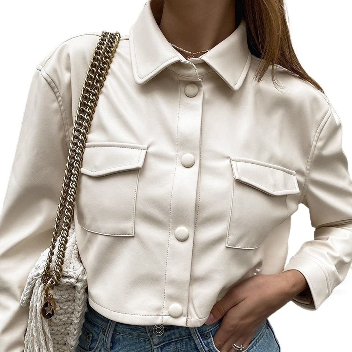 GIOIO - Chaqueta Mujer Crop PU Estilo Europeo Ajustada Nuevo