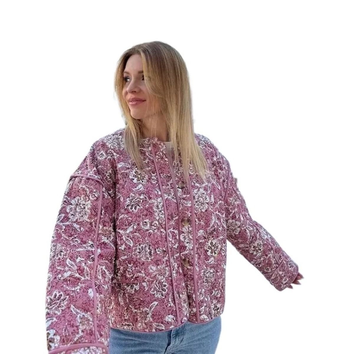 GIOIO - Chaqueta Mujer Algodón Flores Cuello Redondo Casual Moda