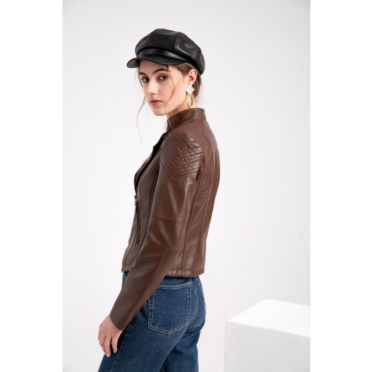 GIOIO - Chaqueta Corta De Piel Para Mujer Entallada Fina