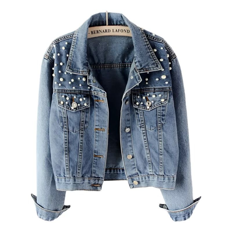 GIOIO - Abrigo De Chaqueta De Perlas De Mezclilla Para Mujer Moda