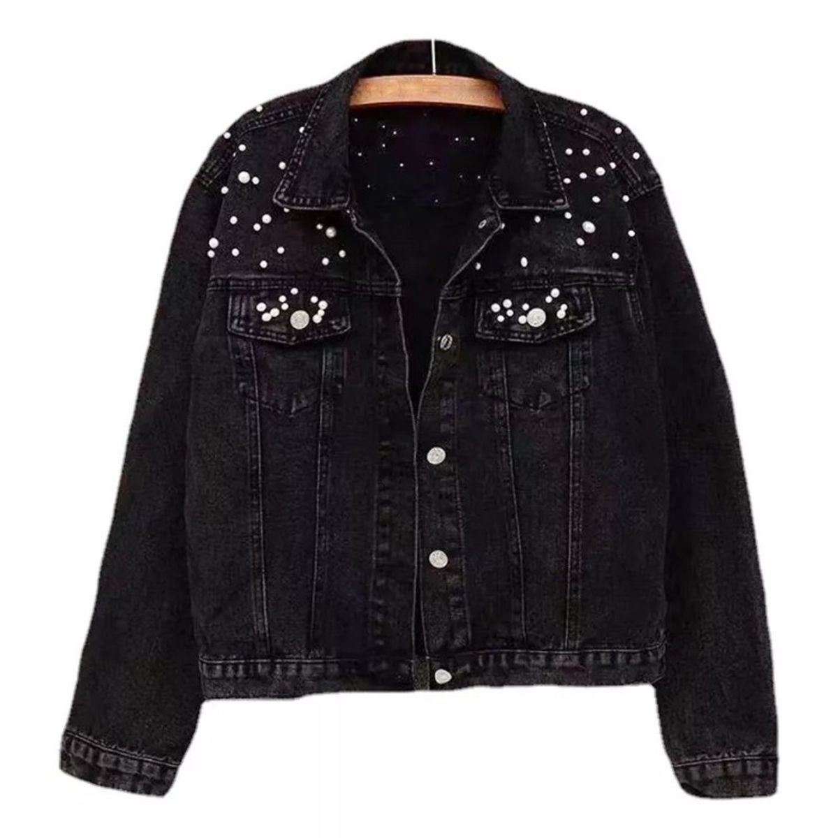 GIOIO - Abrigo De Chaqueta De Perlas De Mezclilla Para Mujer Moda