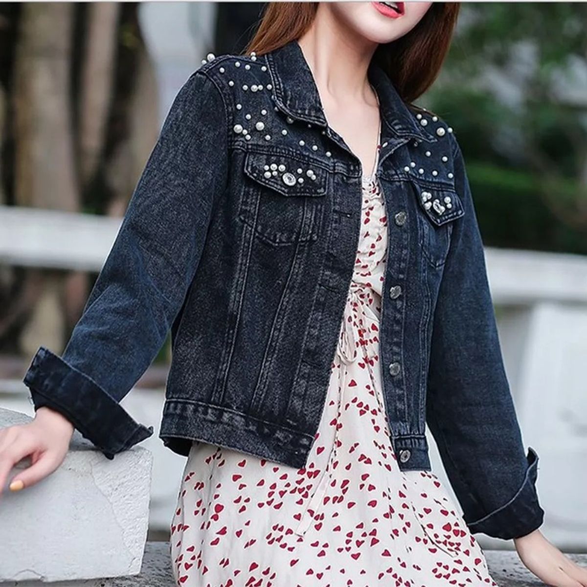 GIOIO - Abrigo De Chaqueta De Perlas De Mezclilla Para Mujer Moda