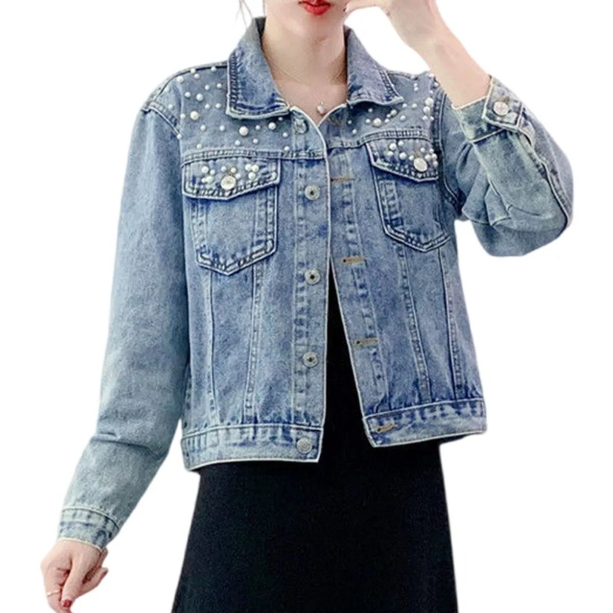 GIOIO - Chaqueta Vaquera Vintage Con Perlas De  Para Mujer