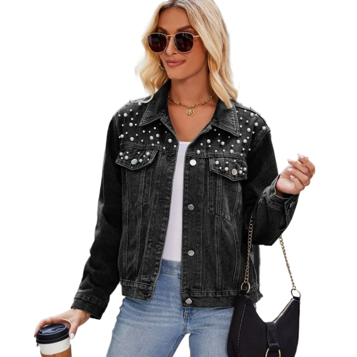 GIOIO - Abrigo De Chaqueta De Perlas De Mezclilla Para Mujer Moda