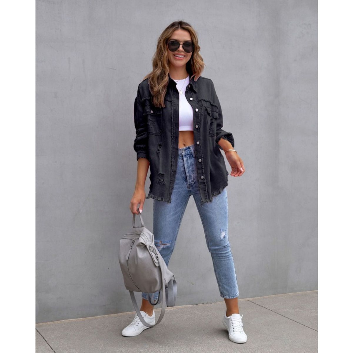 GIOIO - Chamarra De Mezclilla Mujer Rasgada Suelto De Longitud Media