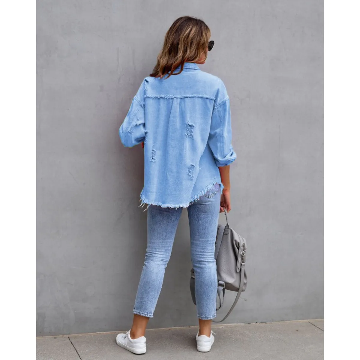 GIOIO - Chamarra De Mezclilla Mujer Rasgada Suelto De Longitud Media