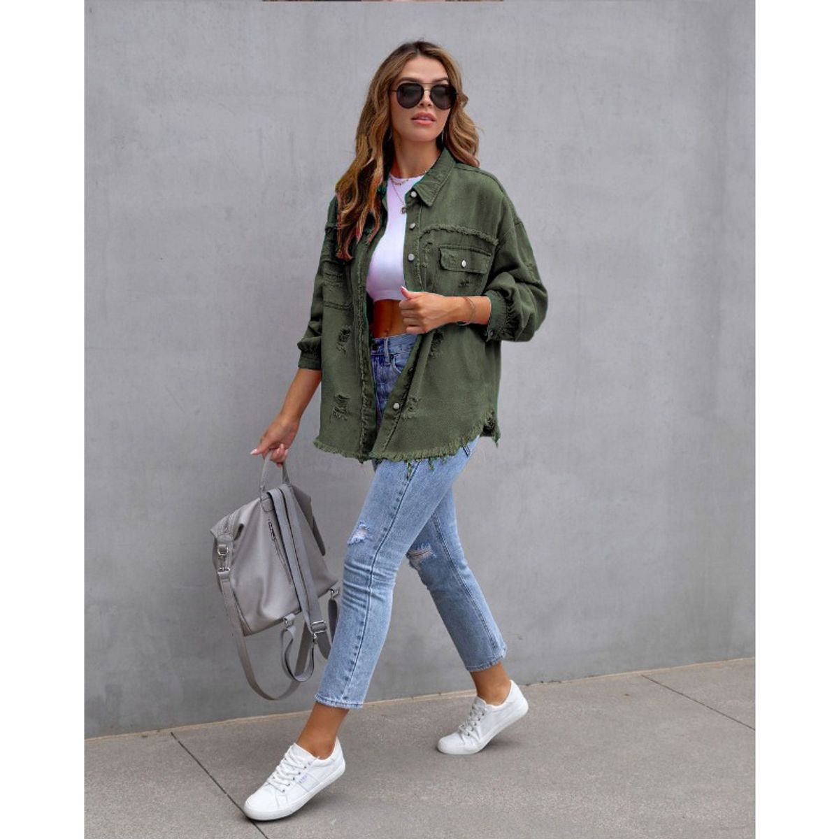 GIOIO - Chamarra De Mezclilla Mujer Rasgada Suelto De Longitud Media