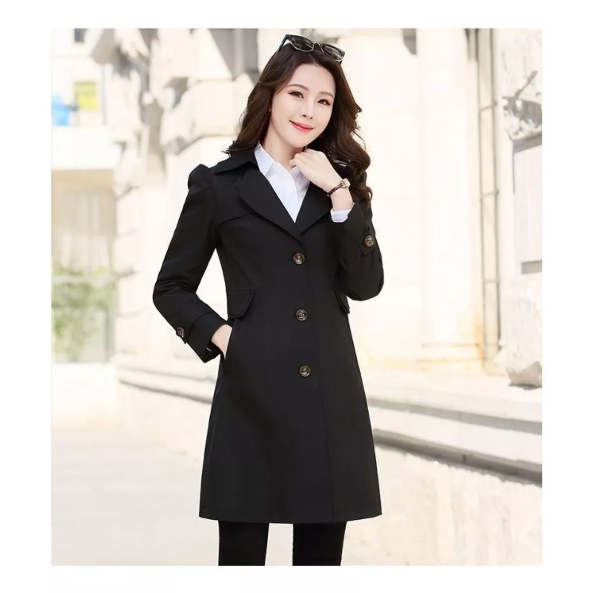 GIOIO - Gabardina De Medio Largo Con Un Solo Pecho Estilo Coreano