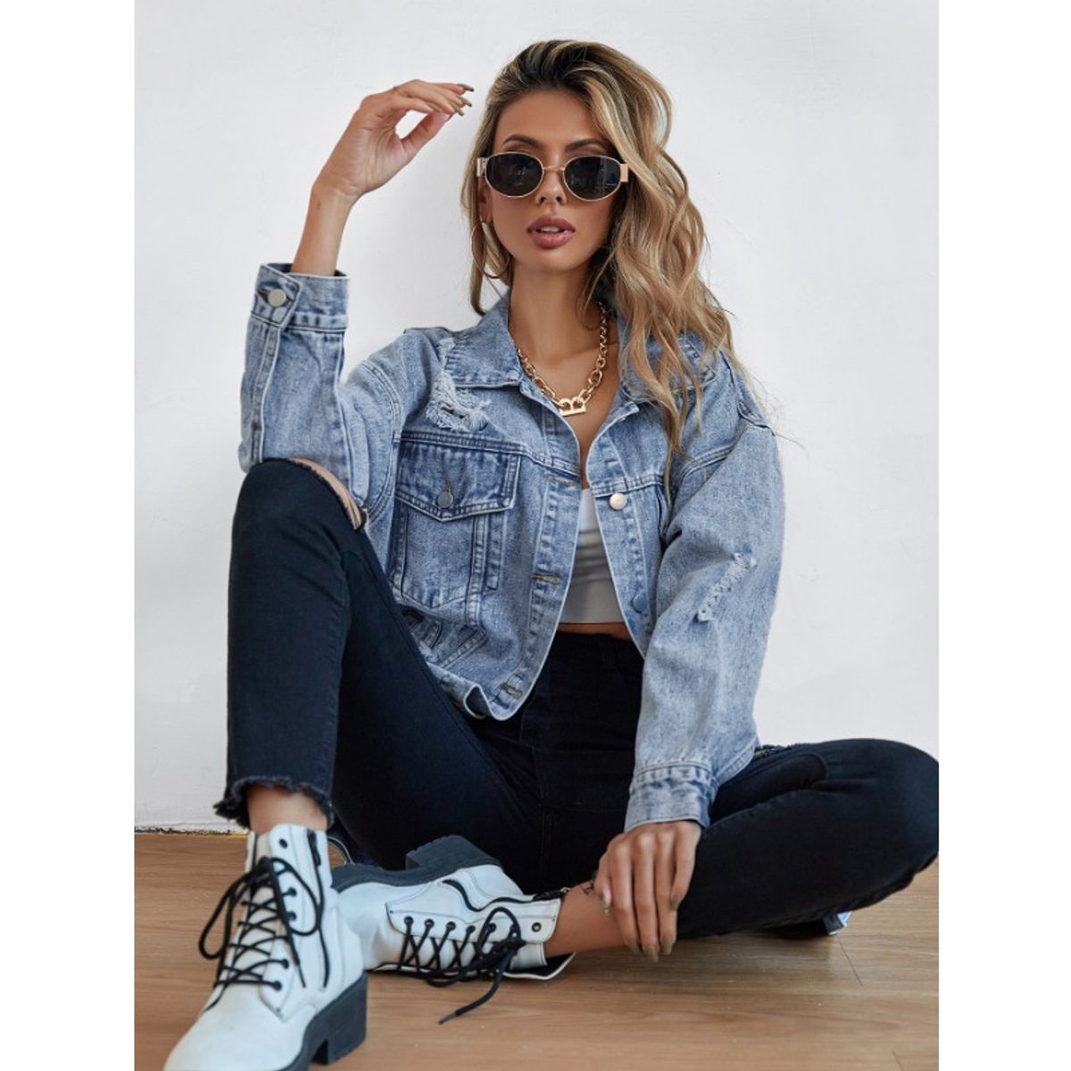 GIOIO - Chaqueta Mujer Denim Rotos Estilo Overshirt Urbano Otoño Invierno