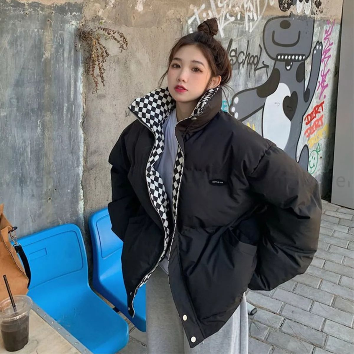 GIOIO - Chaqueta A Cuadros Con Cuello Alto Para Mujer