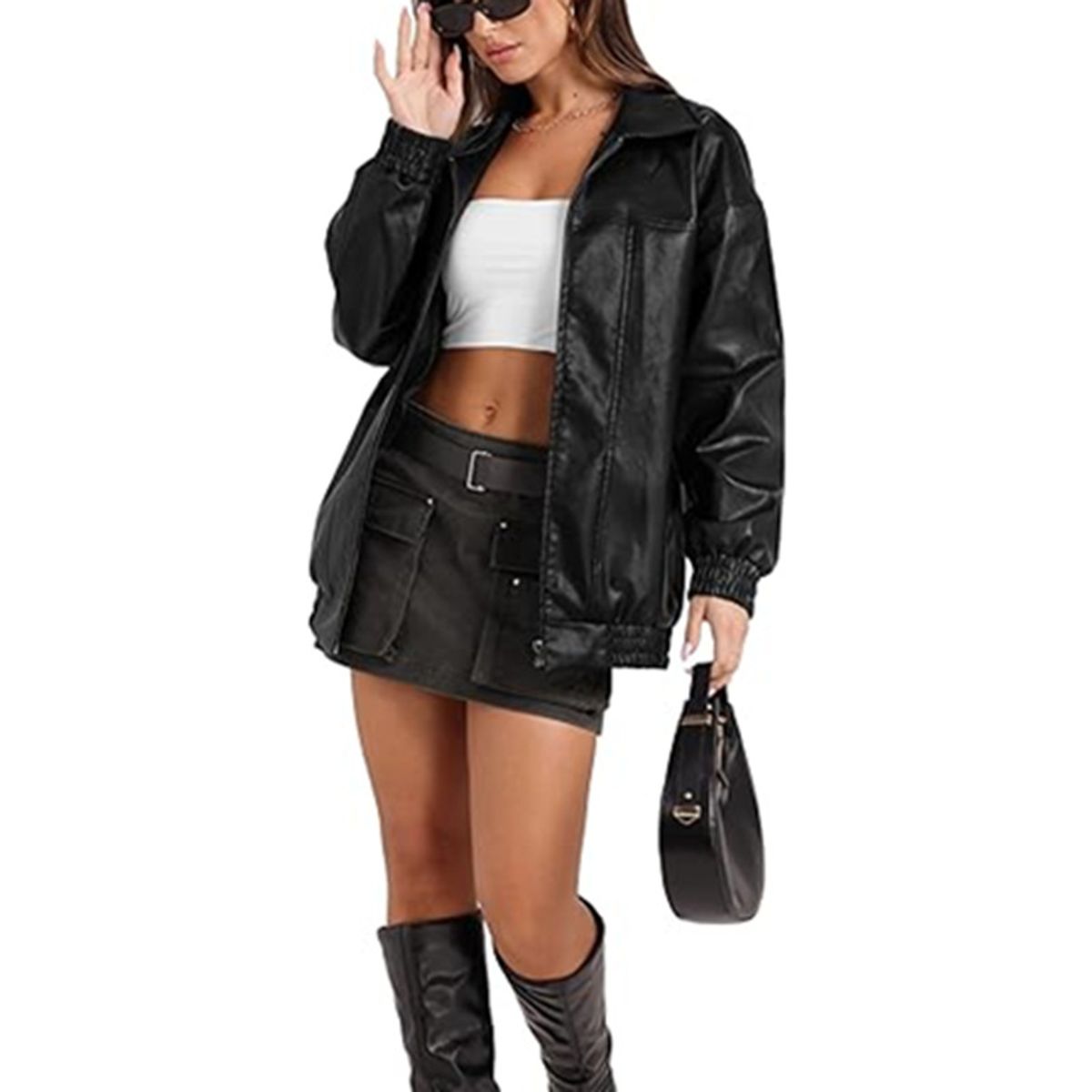 GIOIO - Chaqueta Mujer Piel Solapa Cremallera Bolsillos Laterales Casual