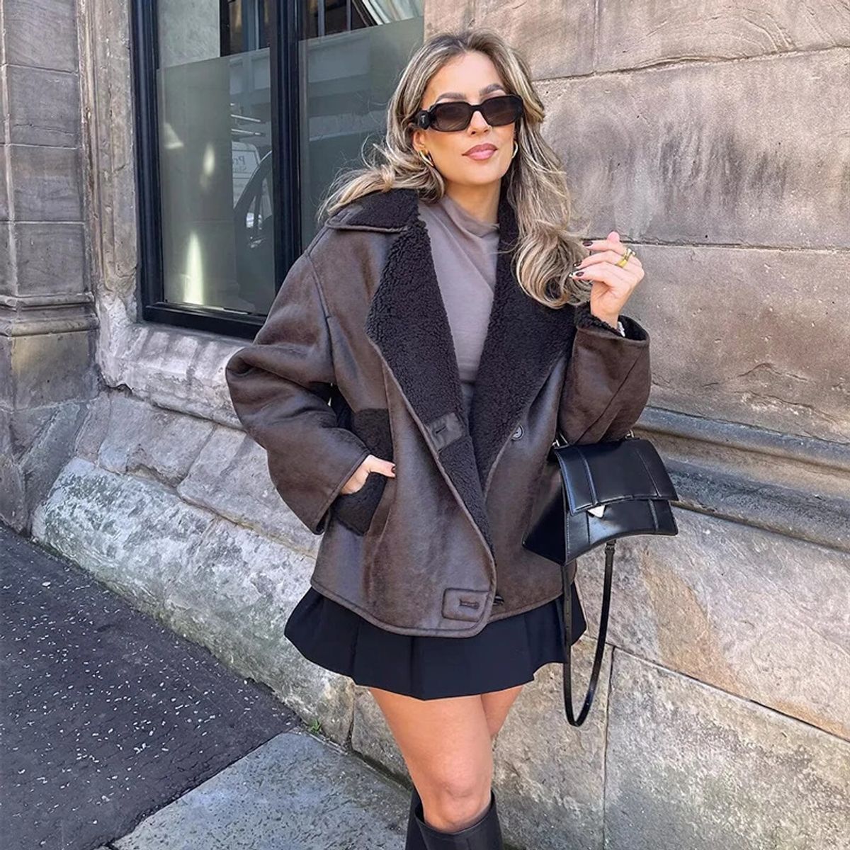 GIOIO - Chaqueta Mujer Piel y Pelo Holgado Abrigado Otoño Invierno