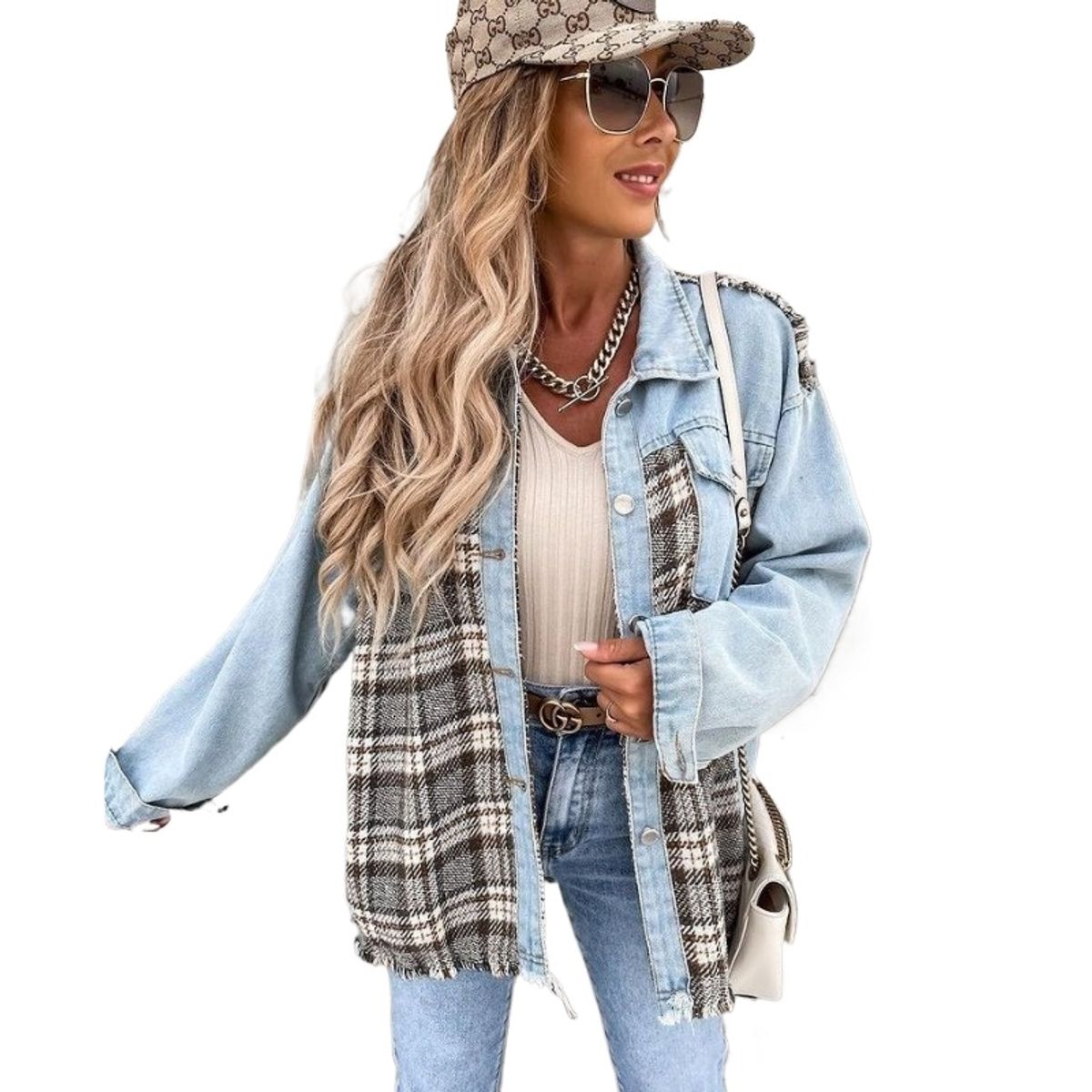 GIOIO - Chaqueta Mujer Mezclilla Cuadros Holgado Casual Moderno