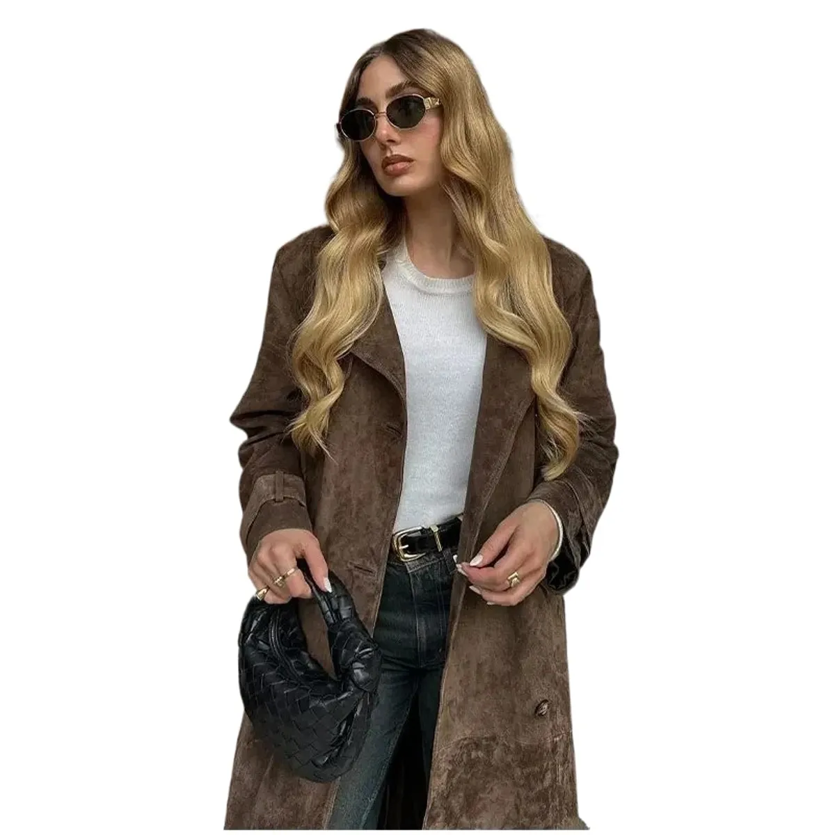 GIOIO - Abrigo Mujer Doble Botonadura Solapa Ecopiel Caqui Elegante Otoño