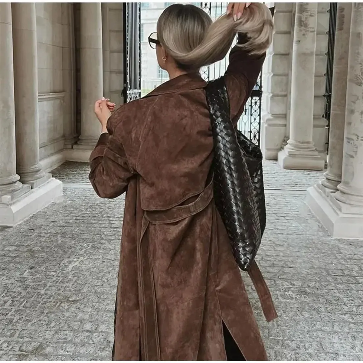 GIOIO - Abrigo Mujer Doble Botonadura Solapa Ecopiel Caqui Elegante Otoño