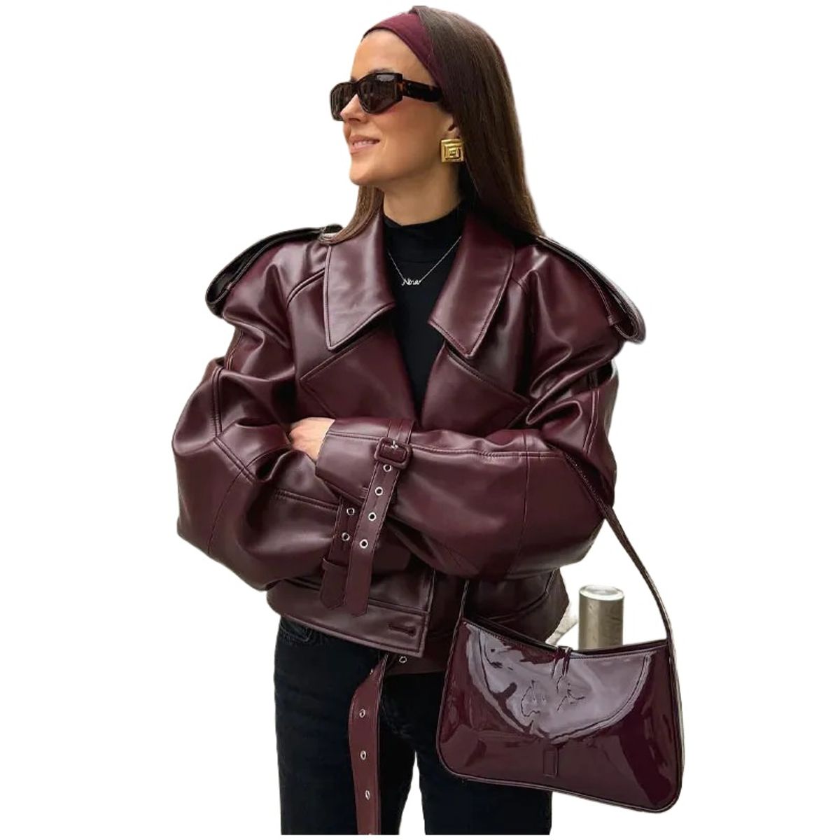 GIOIO - Chaqueta Mujer Piel PU Solapa Mangas Ajustables Motera Retro Urbano