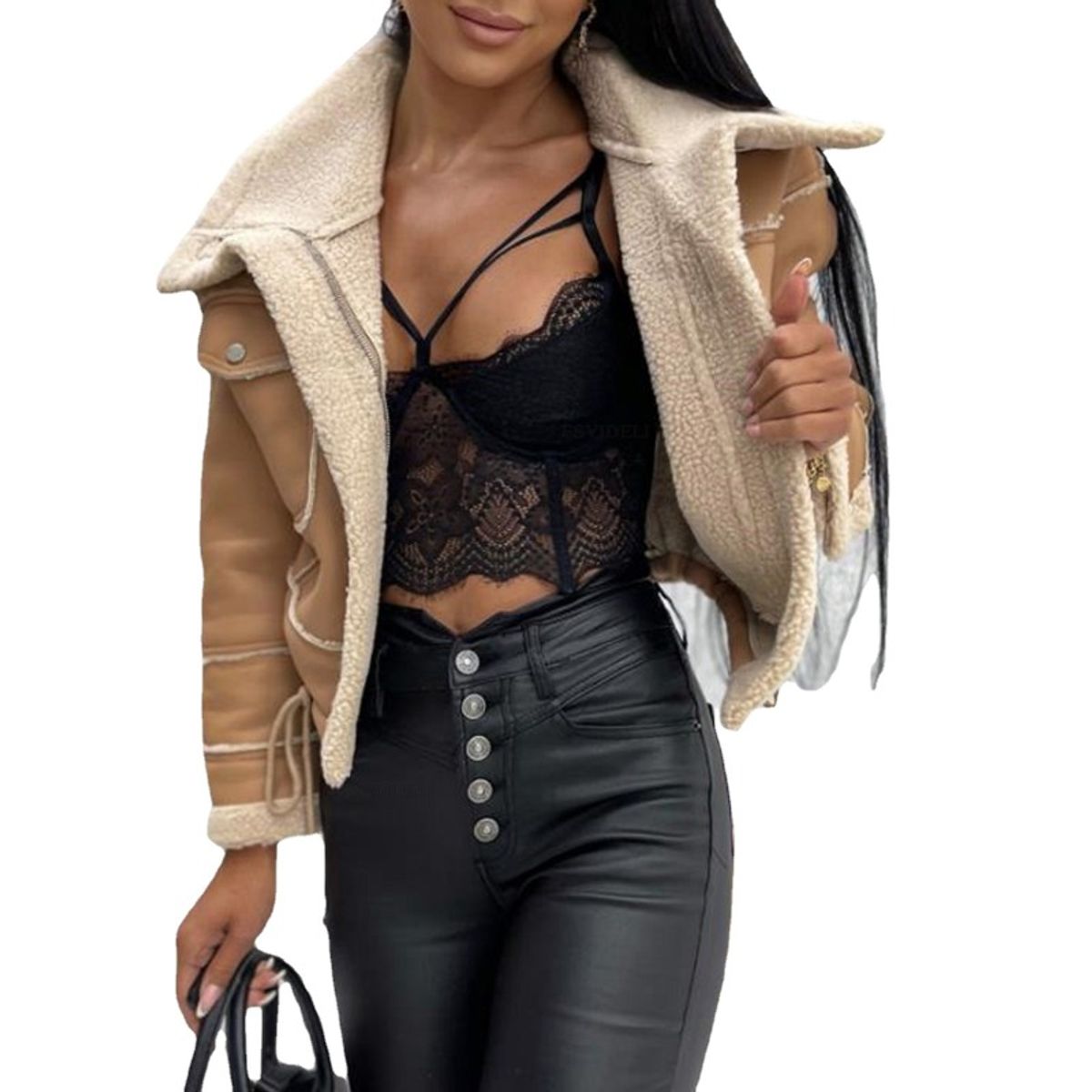 GIOIO - Chaqueta Mujer Peluche Corta Cremallera Motera Casual Invierno