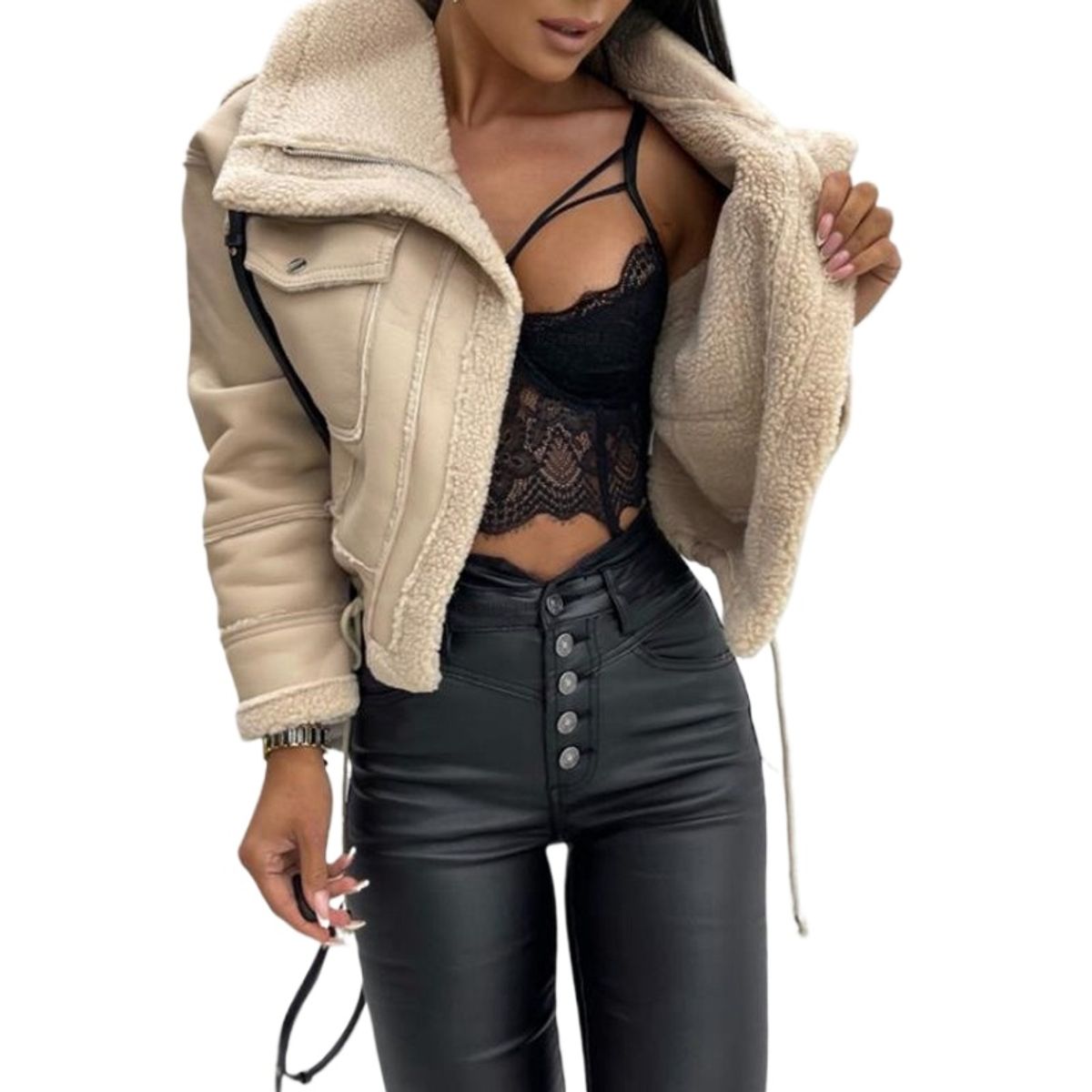 GIOIO - Chaqueta Mujer Peluche Corta Cremallera Motera Casual Invierno