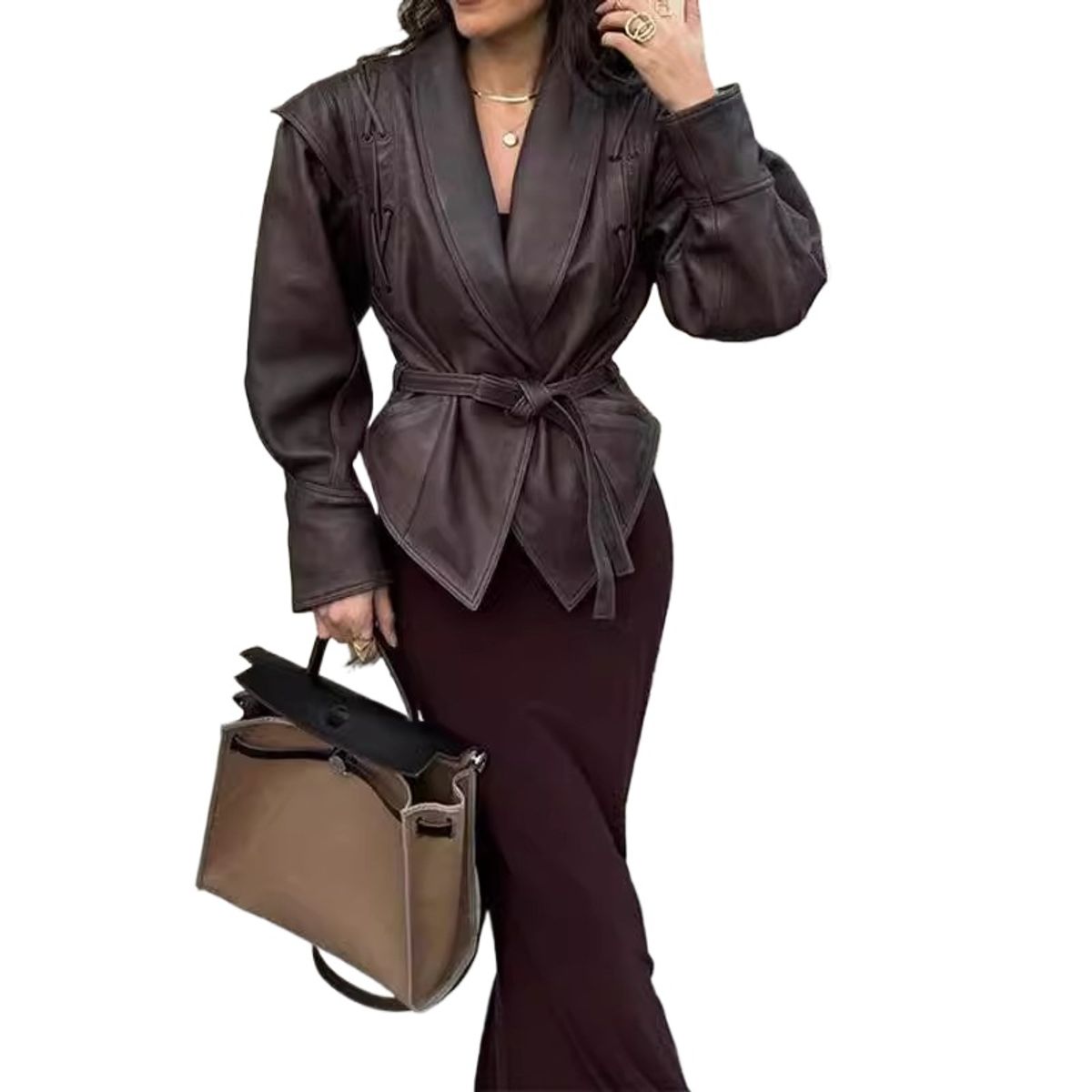 GIOIO - Chaqueta Mujer Piel Solapa Cordón Manga Larga Estilo Urbano Elegante