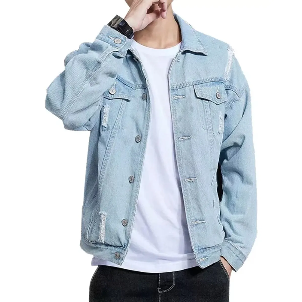 GIOIO - Chamarra De Mezclilla Hombre Azul Claro  Ligera Demolición