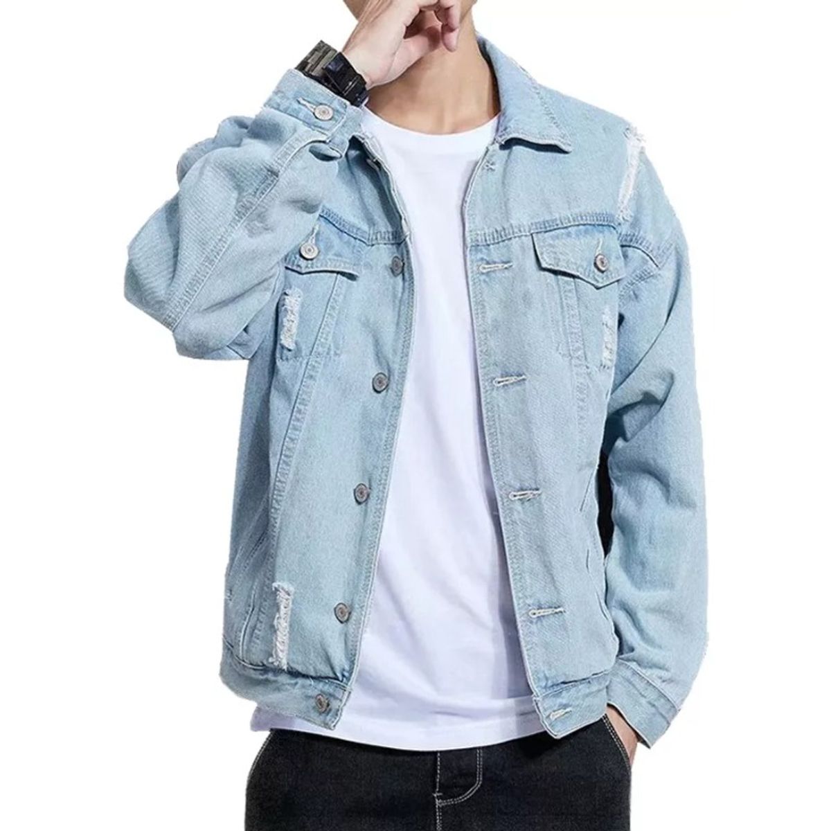 GIOIO - Chamarra De Mezclilla Hombre Azul Claro  Ligera Demolición