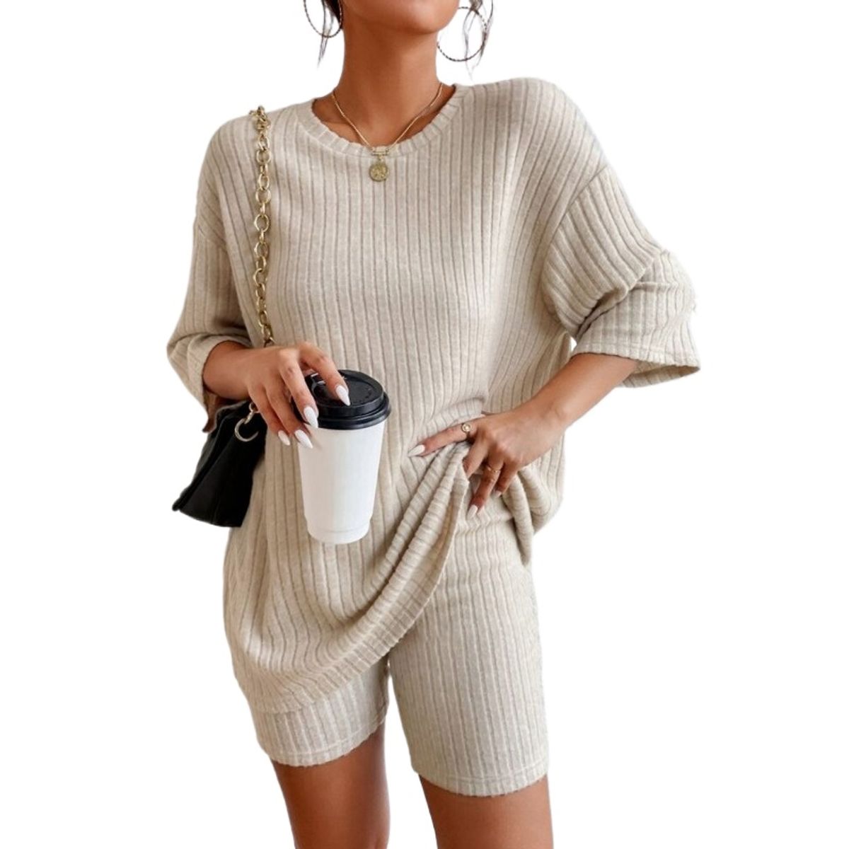 GIOIO - Conjunto De Pantalón Corto Holgado De Manga Corta Para Mujer