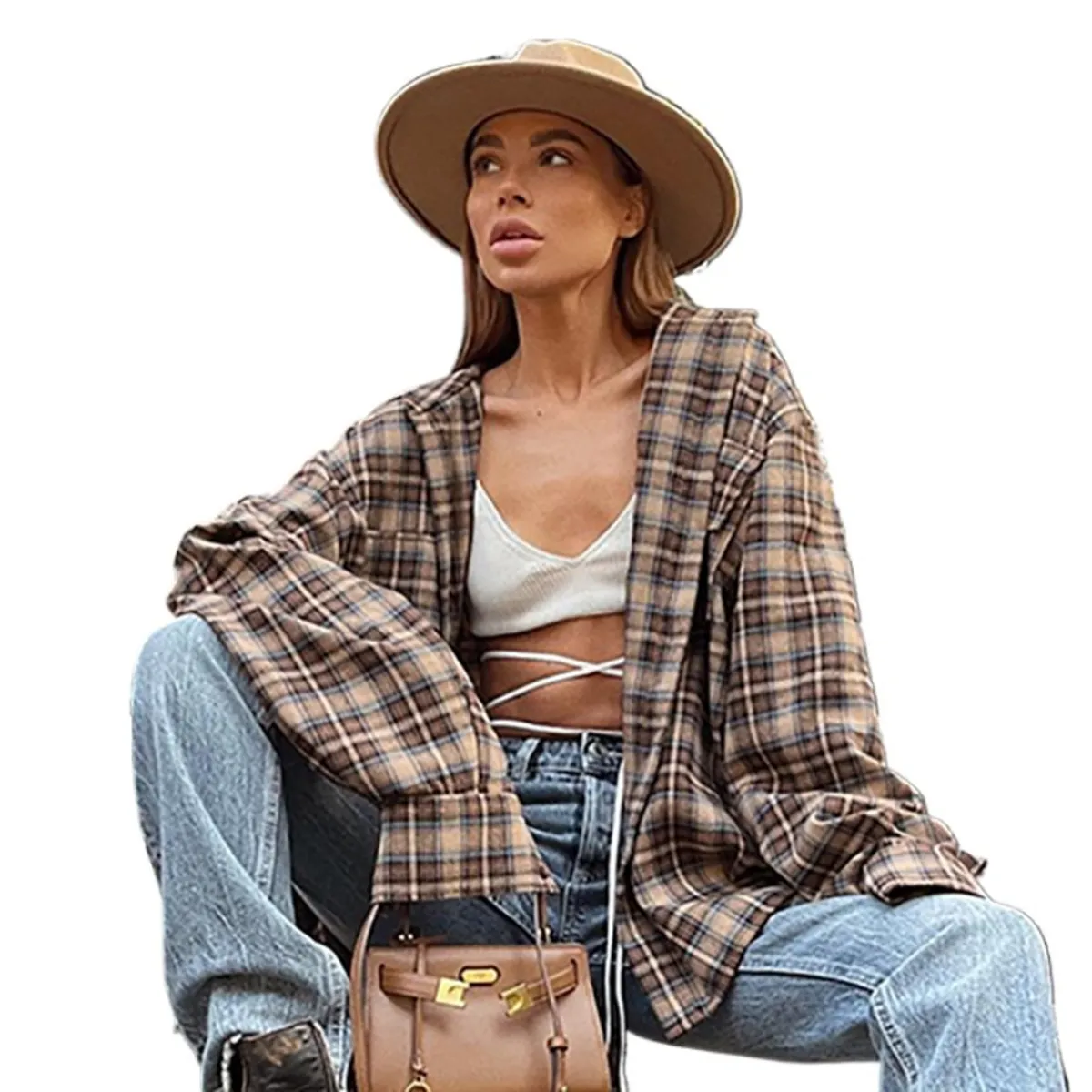 GIOIO - Camisa Mujer Cuadros Retro Americano Holgado Manga Larga