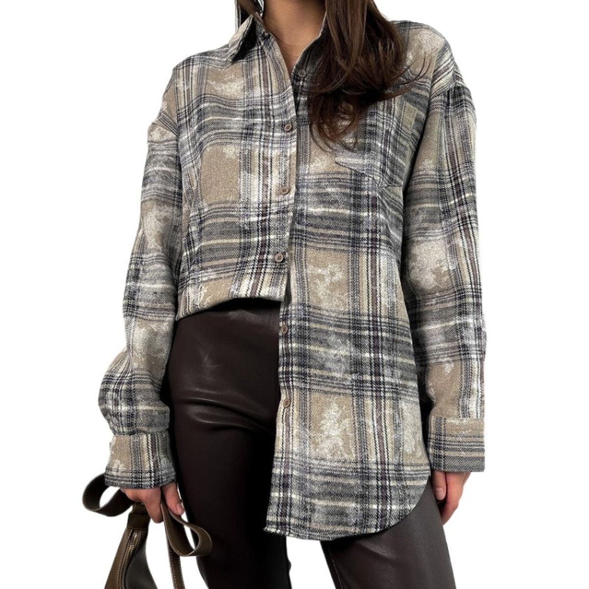 GIOIO - Camisa Mujer Algodón Cuadros Larga Casual Original