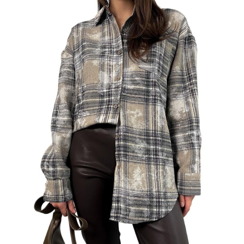 GIOIO - Camisa Mujer Algodón Cuadros Larga Casual Original