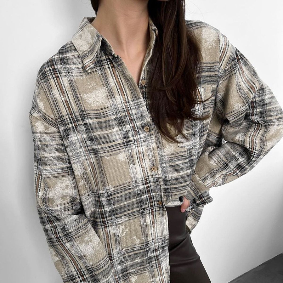 GIOIO - Camisa Mujer Algodón Cuadros Larga Casual Original