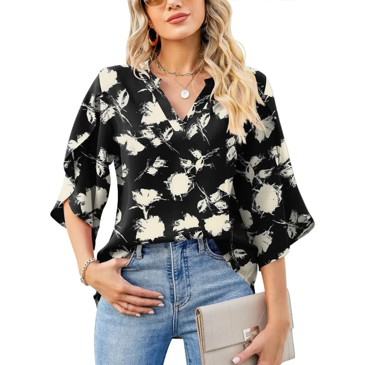 GIOIO - Blusa Mujer Chiffon Estampada Escote V Holgada Manga Flor