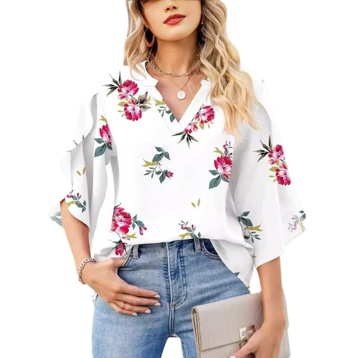 GIOIO - Blusa Mujer Chiffon Estampada Escote V Holgada Manga Flor
