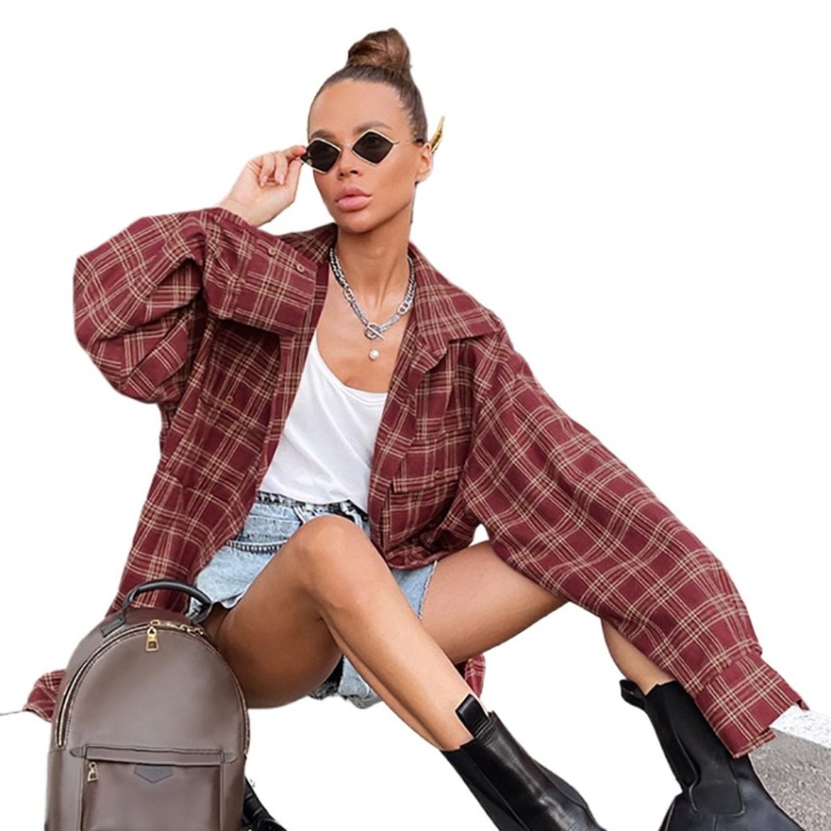 GIOIO - Camisa Mujer Retro Americana Cuadros Escoceses Holgada Manga Larga