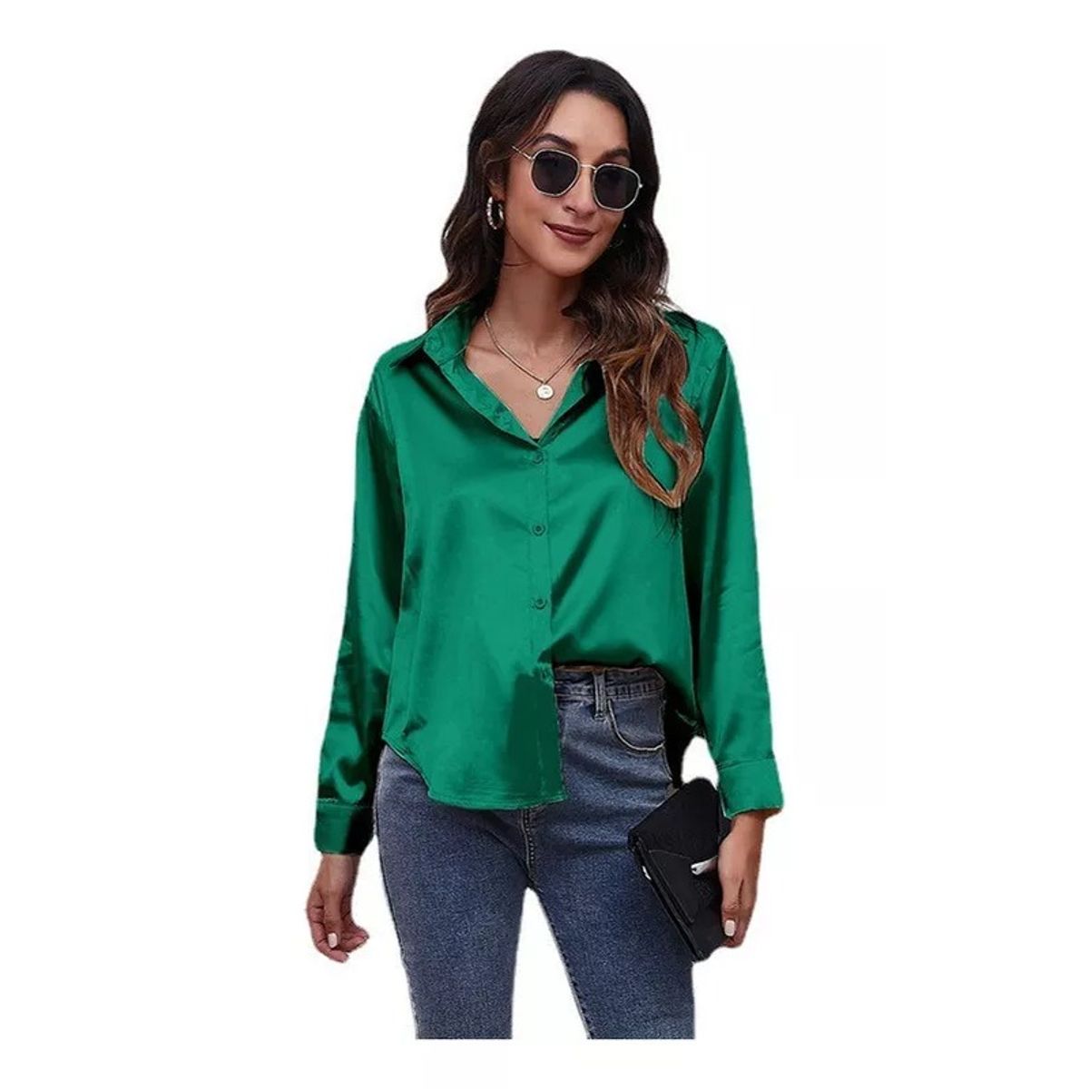 GIOIO - Blusa De Satén De Manga Larga De Seda Sintética Satinada Par