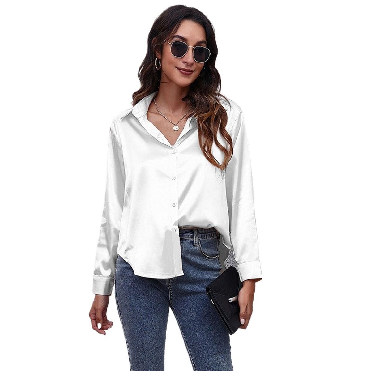 GIOIO - Blusa De Satén De Manga Larga De Seda Sintética Satinada Par